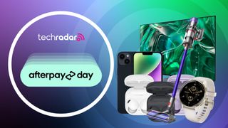 Assortment of tech on purple and mint coloured background with TechRadar brand name and Afterpay Day brand