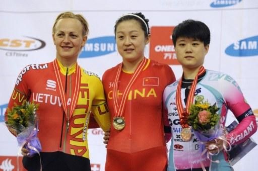 Women's sprint podium (l-r): Simona Krupeckaite (Lithuania), 2nd; Shuang Guo (People's Republic of China), 1st; Junhong Lin (Giant Pro Cycling), 3rd