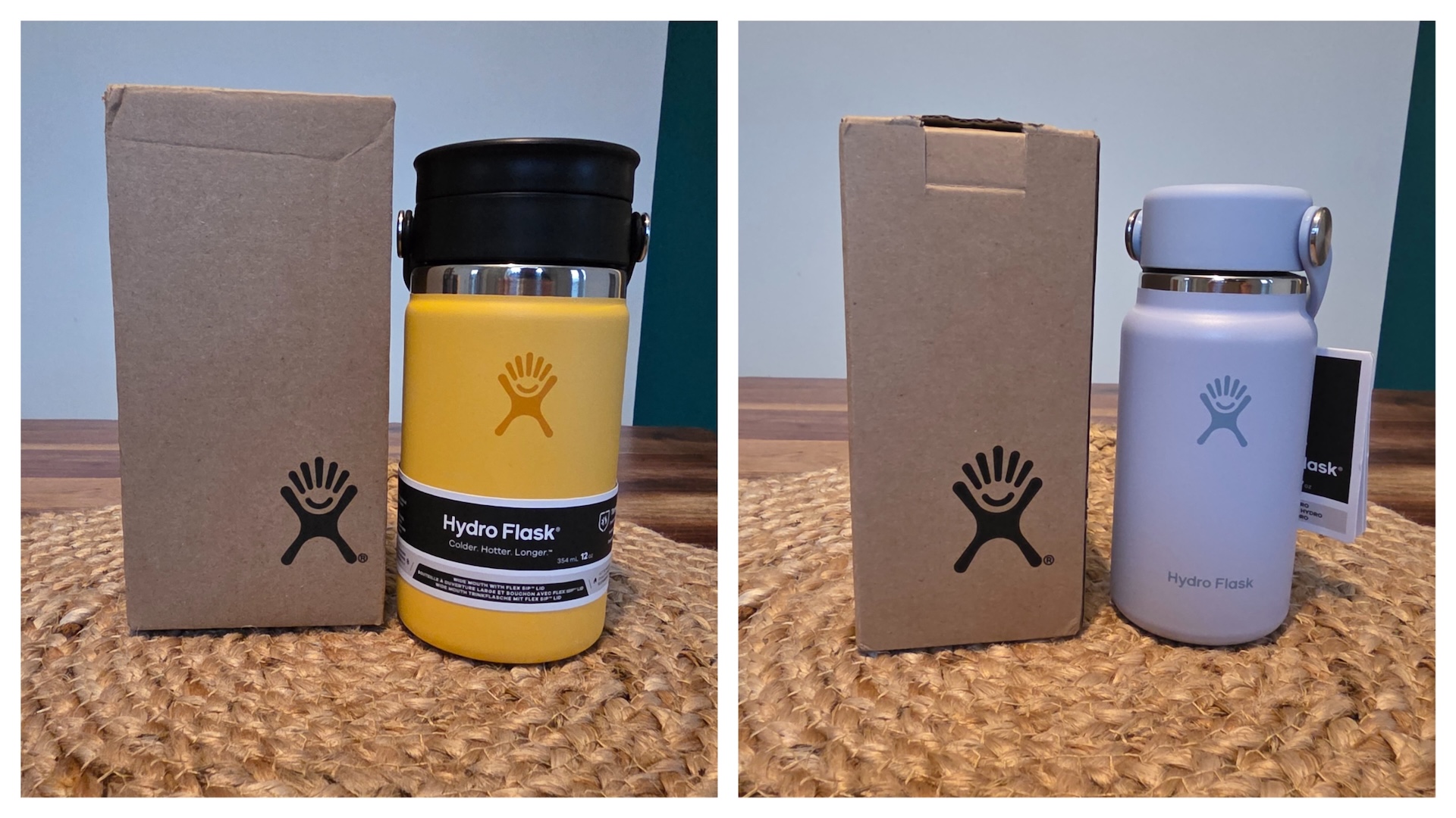 Two HydroFlask coffee tumblers next to eachother