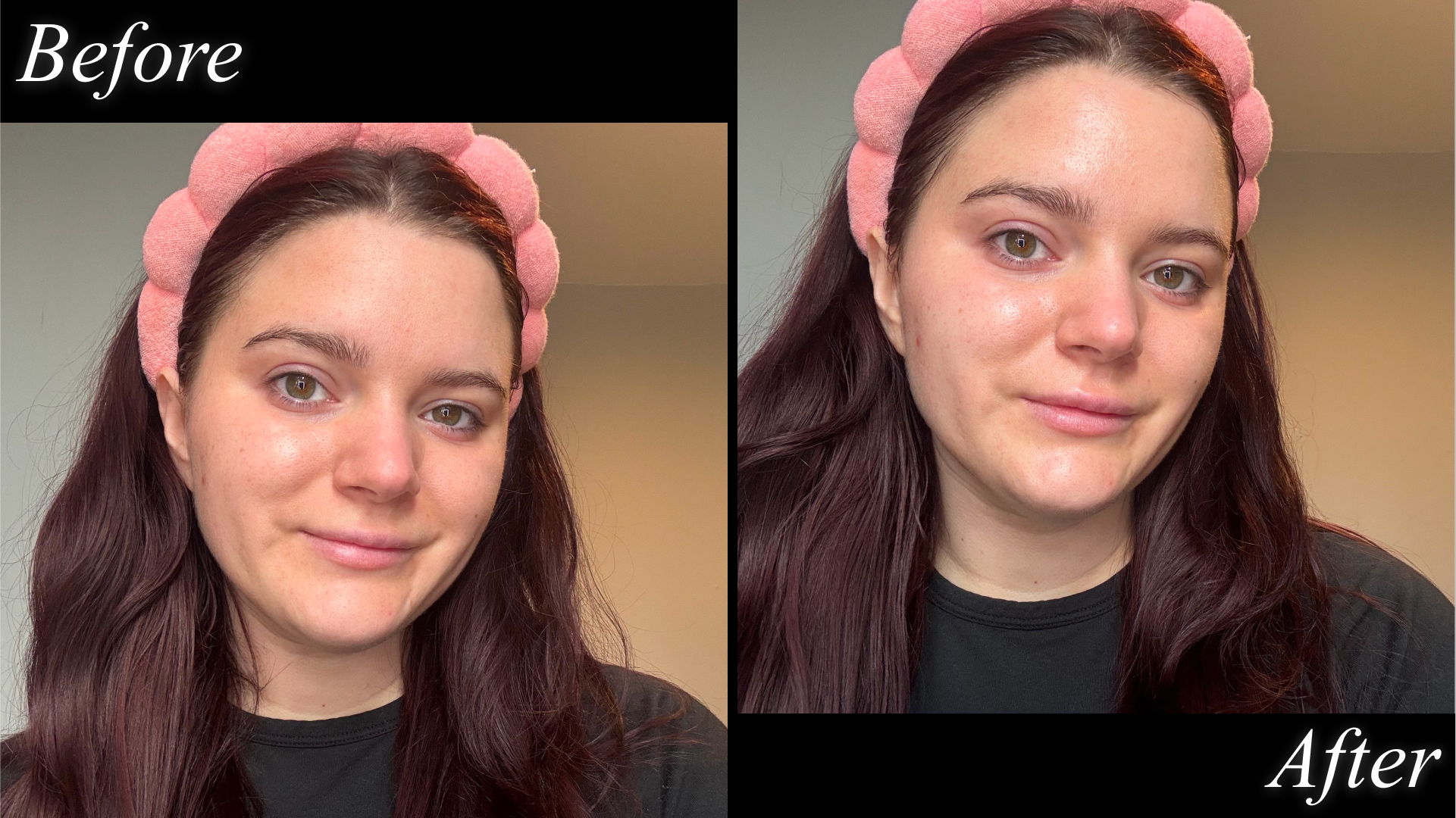 Split image of Brooke Knappenberger testing Merit Beauty Great Skin Instant Glow Serum with before and after text on black background