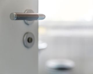 Silver bathroom door handle, with door a little open so we can see blurry bathroom in background