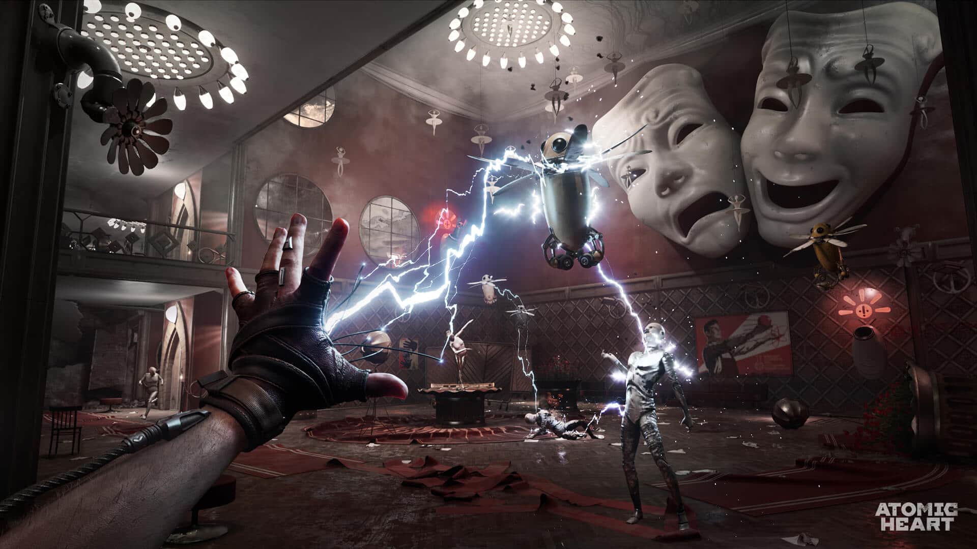 Images showcasing Atomic Heart's electroshock power and combat