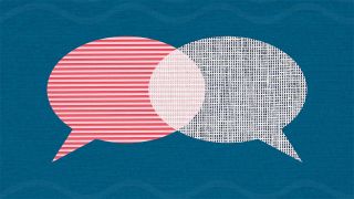 Image of red and white textured speech bubbles on a dark blue background