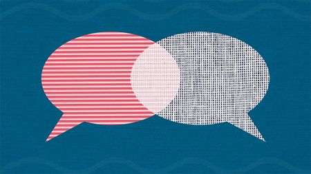 Image of red and white textured speech bubbles on a dark blue background