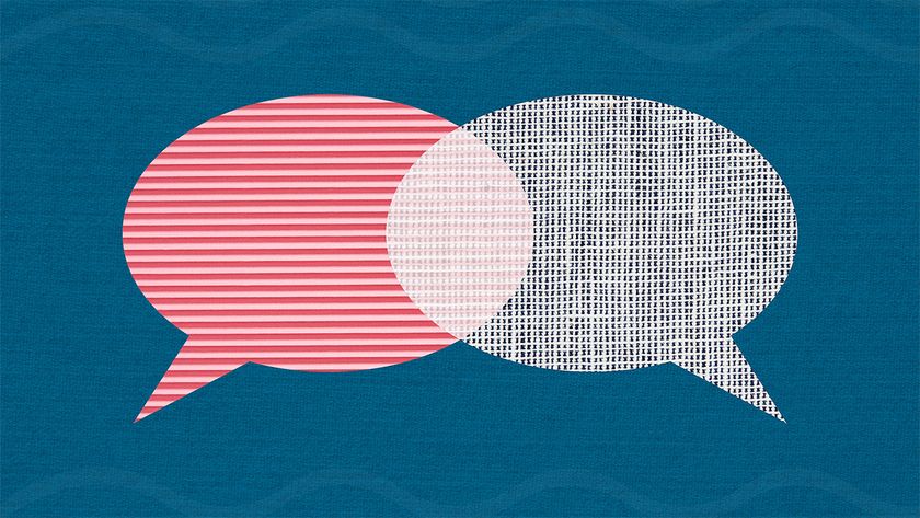 Image of red and white textured speech bubbles on a dark blue background