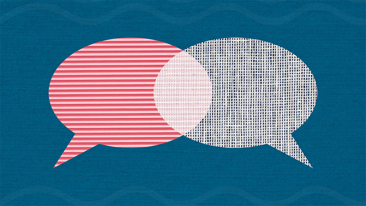 Image of red and white textured speech bubbles on a dark blue background