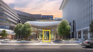 An artists rendering of National Geographic&#039;s The Museum of Exploration, front door with big yellow door frame