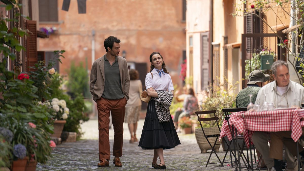 Eugenio Franceschini as Marcello, Lily Collins as Emily in episode 410 of Emily in Paris