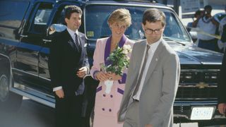 British royal Diana, Princess of Wales (1961-1997), wearing a pink and purple suit by Catherine Walker, during a visit to Washington, DC, 5th October 1990.
