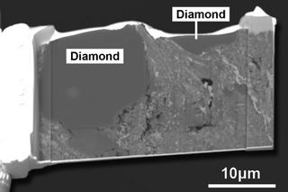 A secondary electron image revealing diamond crystals inside a fragment of a meteorite that fell in Sutter's Mill, California.