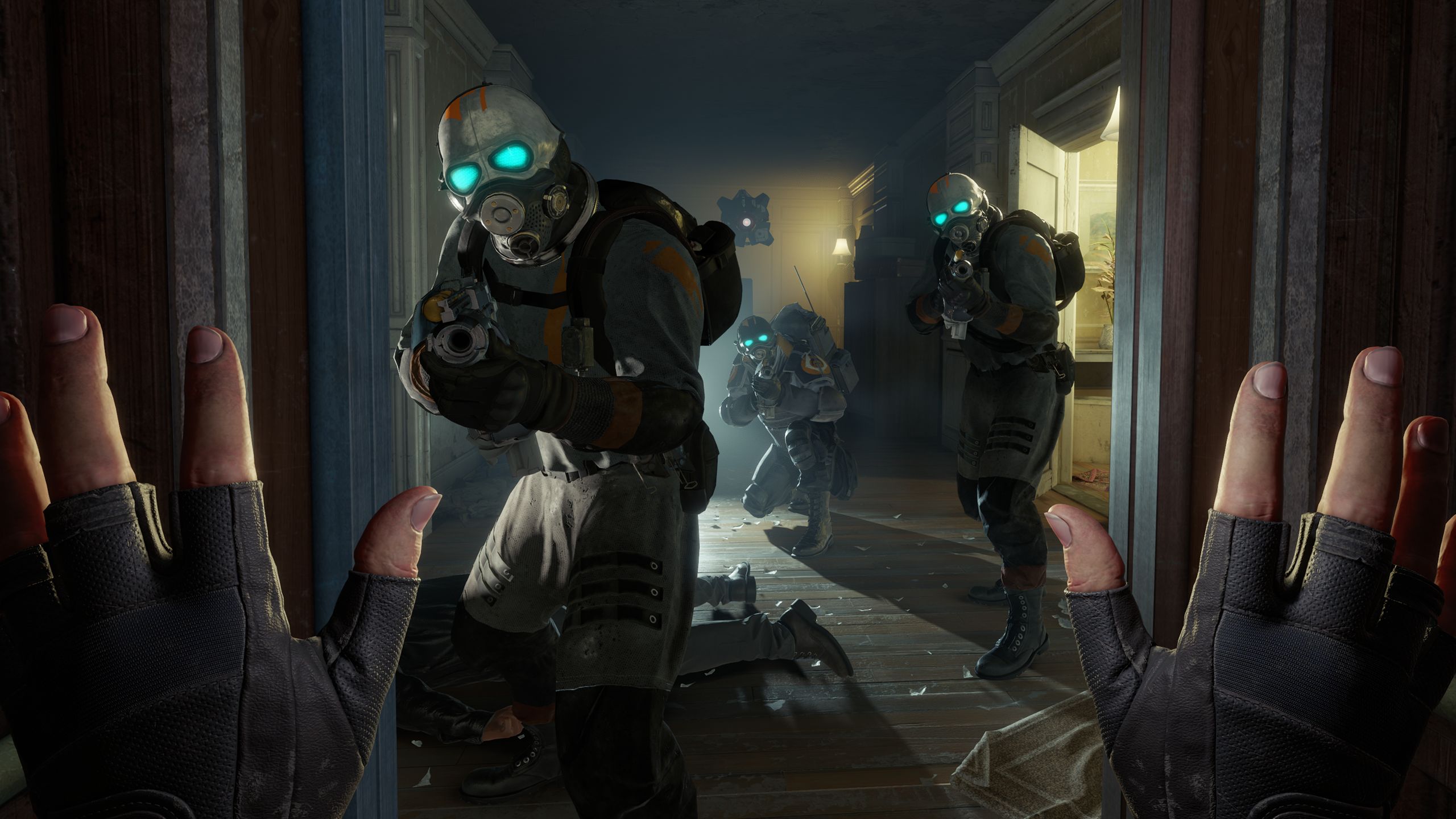 First-person look at masked enemies pointing guns and a set of hands raised in surrender.