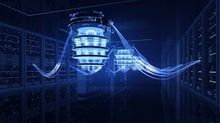 An illustration of a blue glowing chandelier of horizontal rings connected by vertical wires. Larger glowing wires connect this chandelier to shelves of glowing servers around the dark room