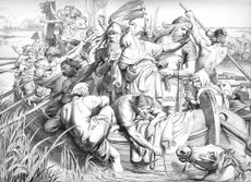 Vintage engraving showing a scene from the story of the Anglo-Saxon English hero Hereward the Wake. How Hereward departed from Ely and how he killed the mare "Swallow".