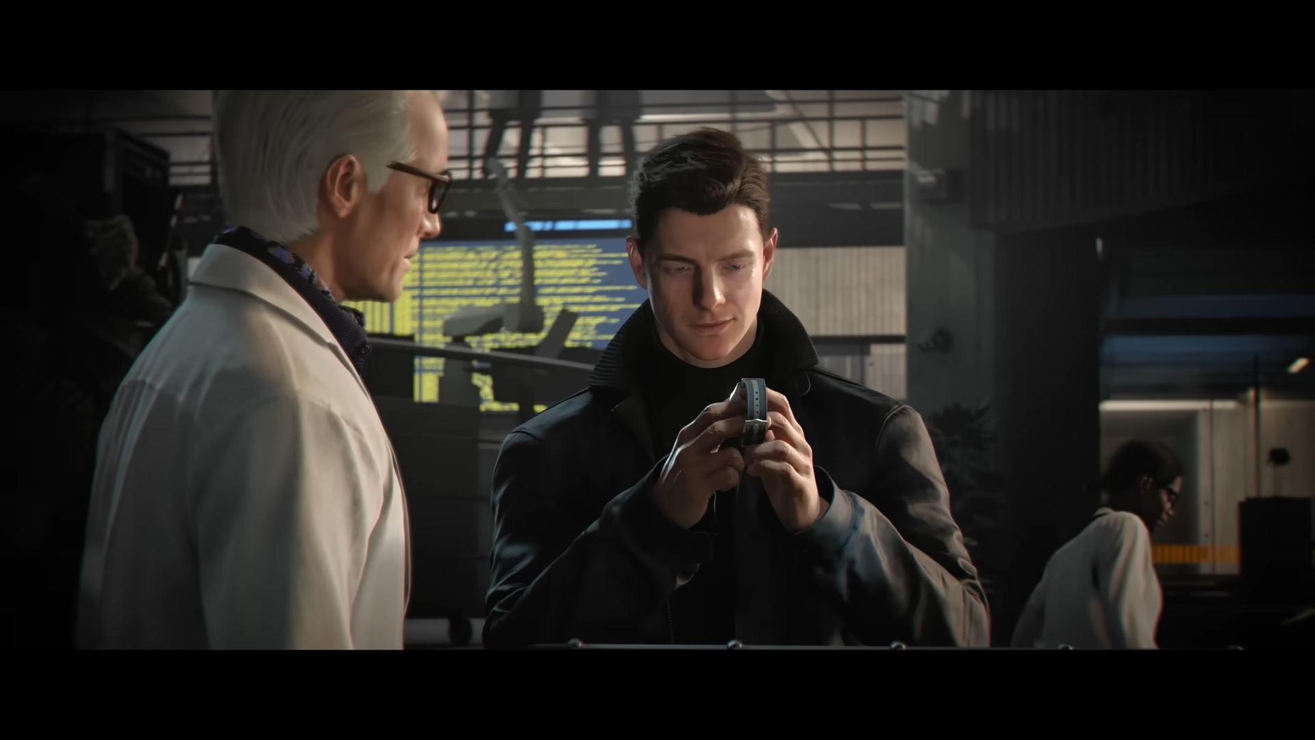 007 First Light's James Bond inspects a wristwatch while standing in an R&D facility for producing top secret gadgets and weaponry