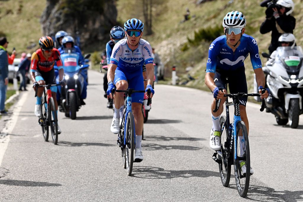 TRE CIME DI LAVAREDO ITALY MAY 26 LR Michael Hepburn of Australia and Team Jayco AlUla and Carlos Verona of Spain and Movistar Team compete in the breakaway during the 106th Giro dItalia 2023 Stage 19 a 183km stage from Longarone to Tre Cime di Lavaredo 2307m UCIWT on May 26 2023 in Tre Cime di Lavaredo Italy Photo by Tim de WaeleGetty Images