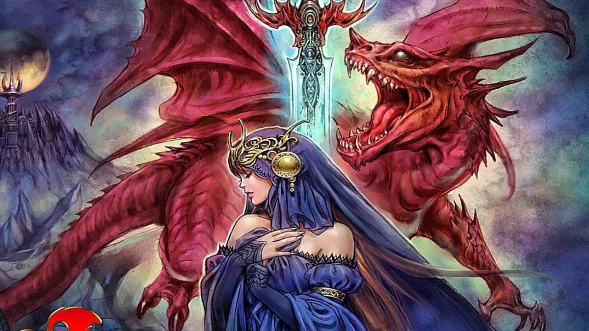 A woman stands before a giant sword and red dragon