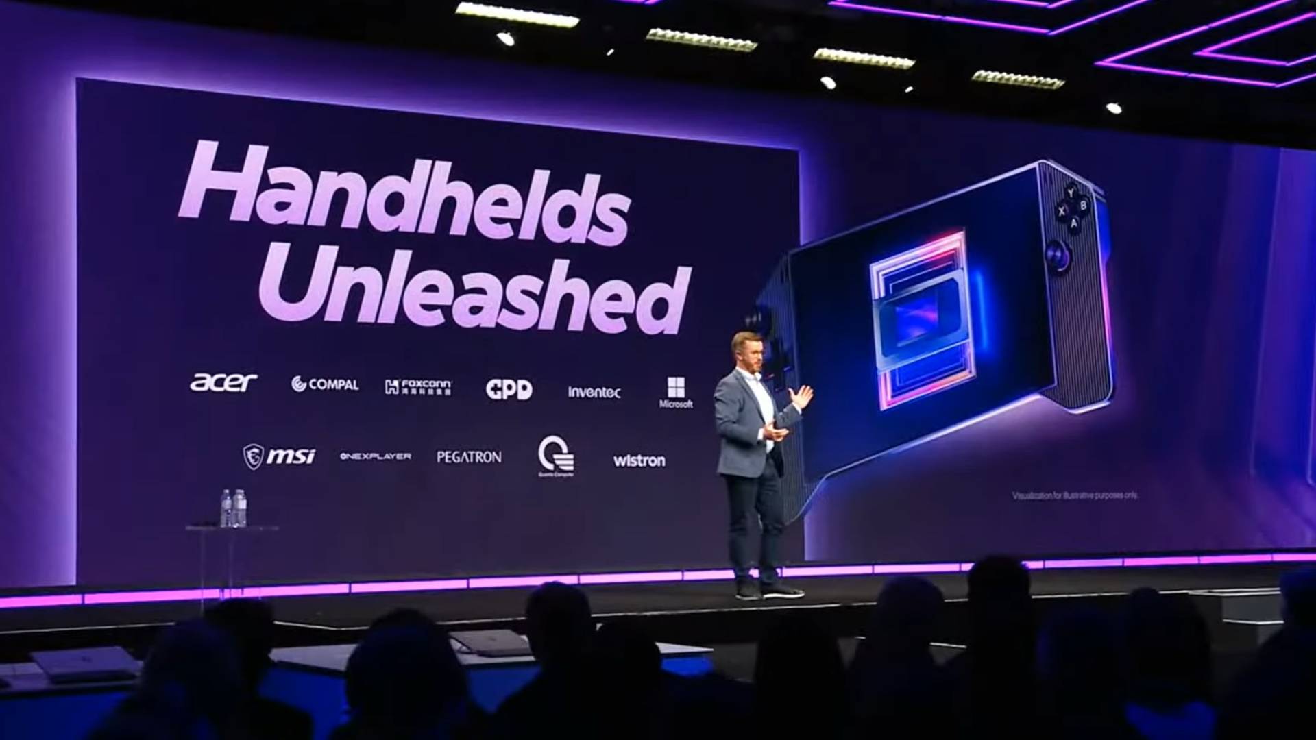 Intel CES 2026 presentation with "Handhelds Unleashed" graphic on screen with brand partners listed.