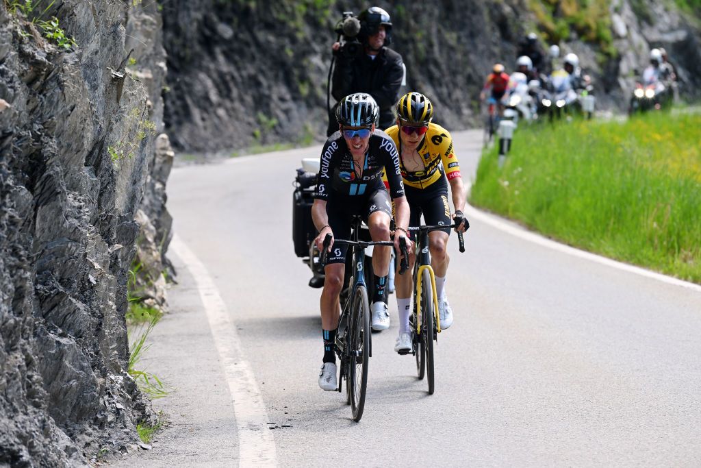 LEUKERBAD SWITZERLAND JUNE 14 LR Romain Bardet of France and Team DSM and Wilco Kelderman of The Netherlands and Team JumboVisma compete in the chase group during the 86th Tour de Suisse 2023 Stage 4 a 1525km stage from Monthey to Leukerbad 1367m UCIWT on June 14 2023 in Leukerbad Switzerland Photo by Dario BelingheriGetty Images