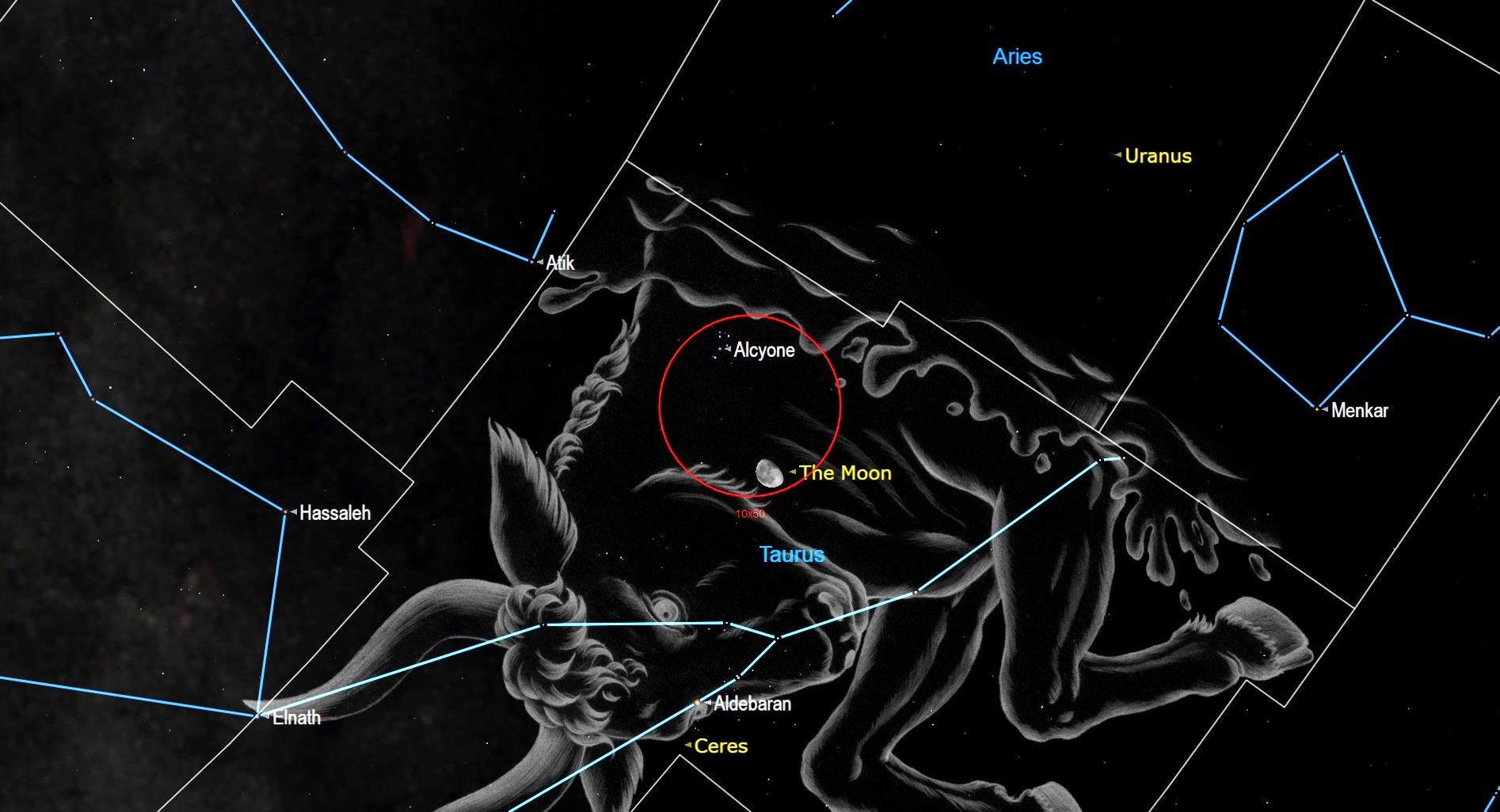 septiembre de 2021 Cielo nocturno Luna brillante entre las Pléyades y las Híades