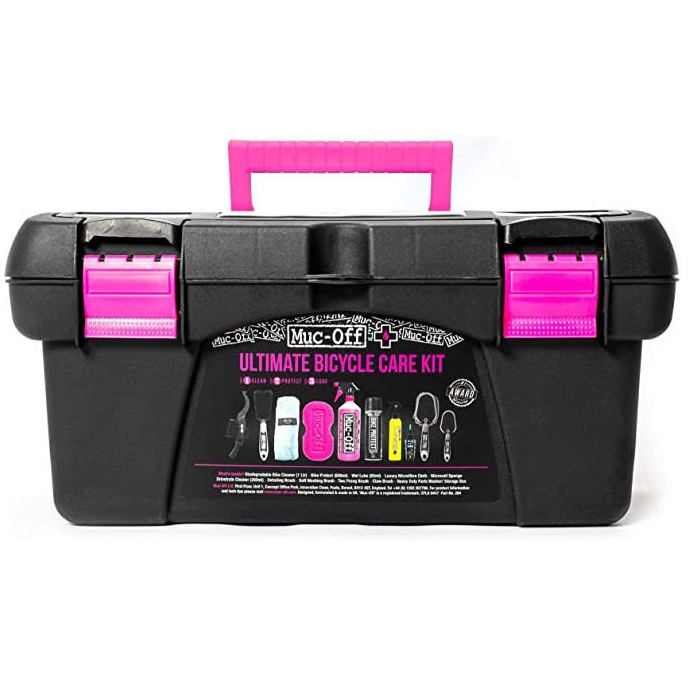 The Muc-Off Ultimate bicycle care kit toolbox, closed, with pink handles and clips