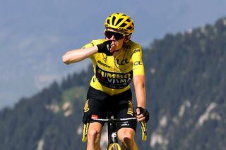 COURCHEVEL FRANCE JULY 19 Jonas Vingegaard of Denmark and Team JumboVisma Yellow Leader Jersey reacts after the stage seventeen of the 110th Tour de France 2023 a 1657km at stage from SaintGervais MontBlanc to Courchevel UCIWT on July 19 2023 in Courchevel France Photo by Michael SteeleGetty Images