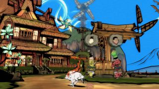 Okami racing through a healed village in the PS2 game Okami.