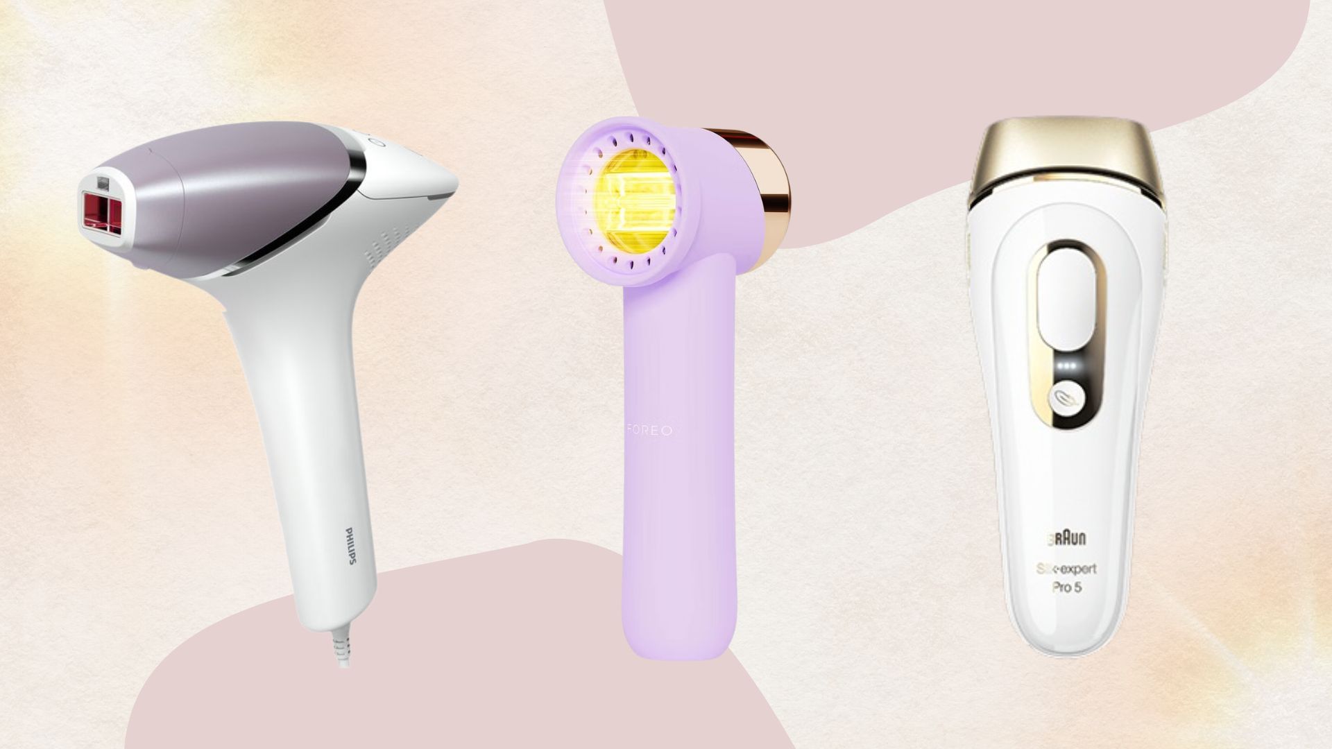 best IPL devices from Philips, Foreo and Braun on a pastel background