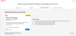 Adobe Student Discount sign-up page on Adobe website