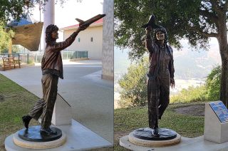 two views of the new bronze sally ride statue, one from the front and the other from the side