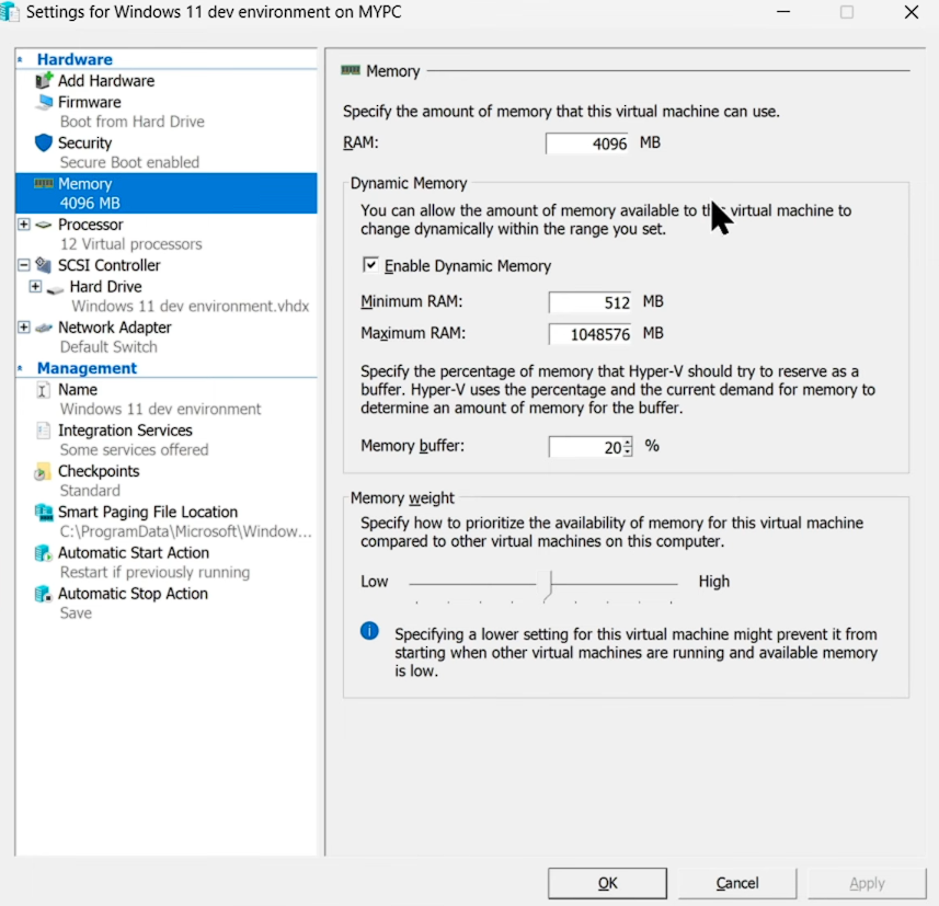 Hyper-V settings for Windows 11 developer environment
