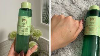 Collage of photos (L-R) Hand holding green Pixi Antioxidant Tonic bottle and photo of Pixi Antioxidant Tonic on the back on a hand