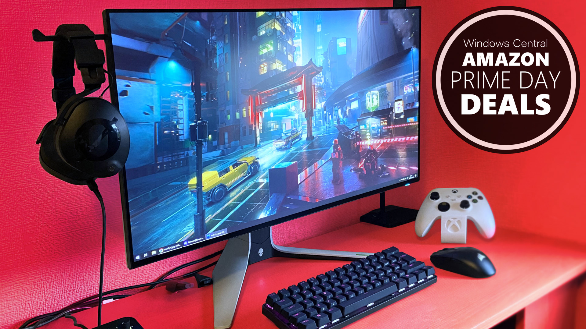 Alienware AW2723DF monitor on a desk with a red gradient effect