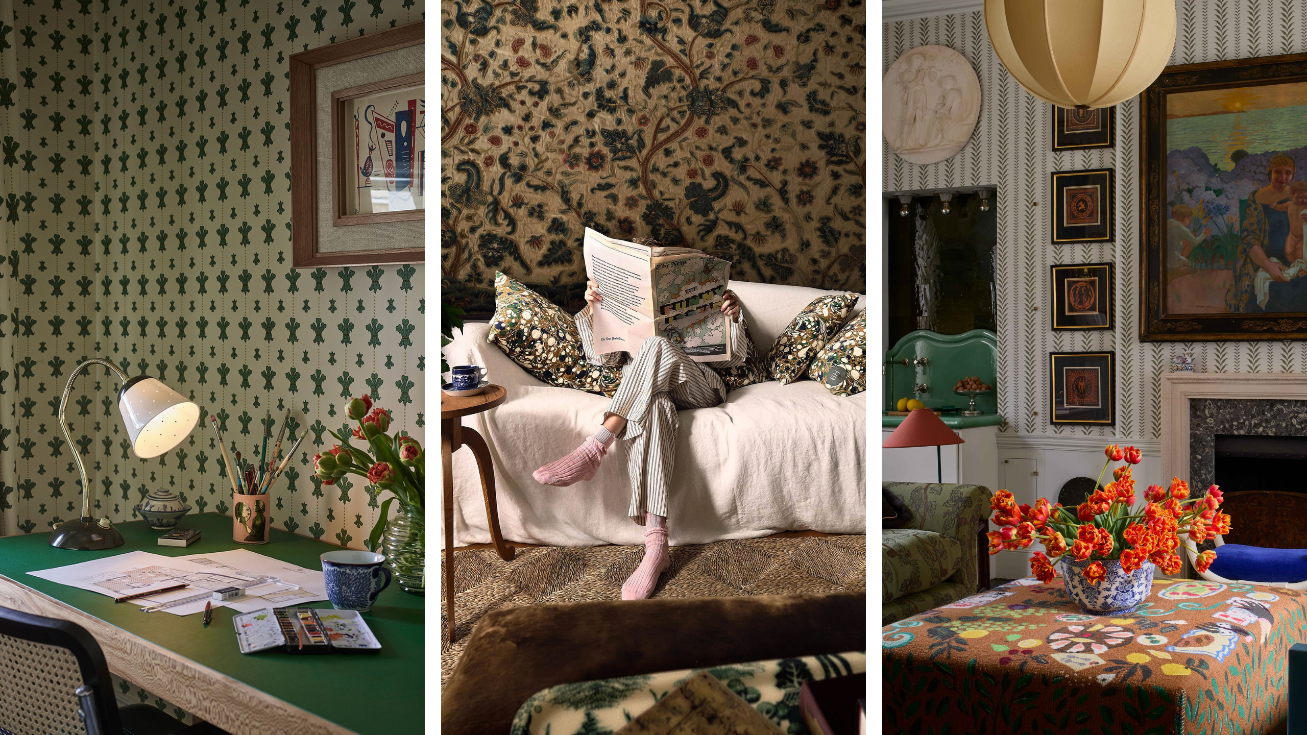 an assortment of three images of Beata Heuman's interior design work