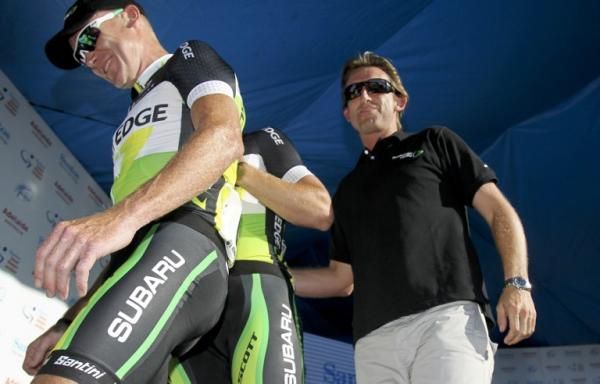 Orica-GreenEdge's Stuart O'Grady (left) and sports director Matt White before the start of the Down Under Classic in Adelaide.