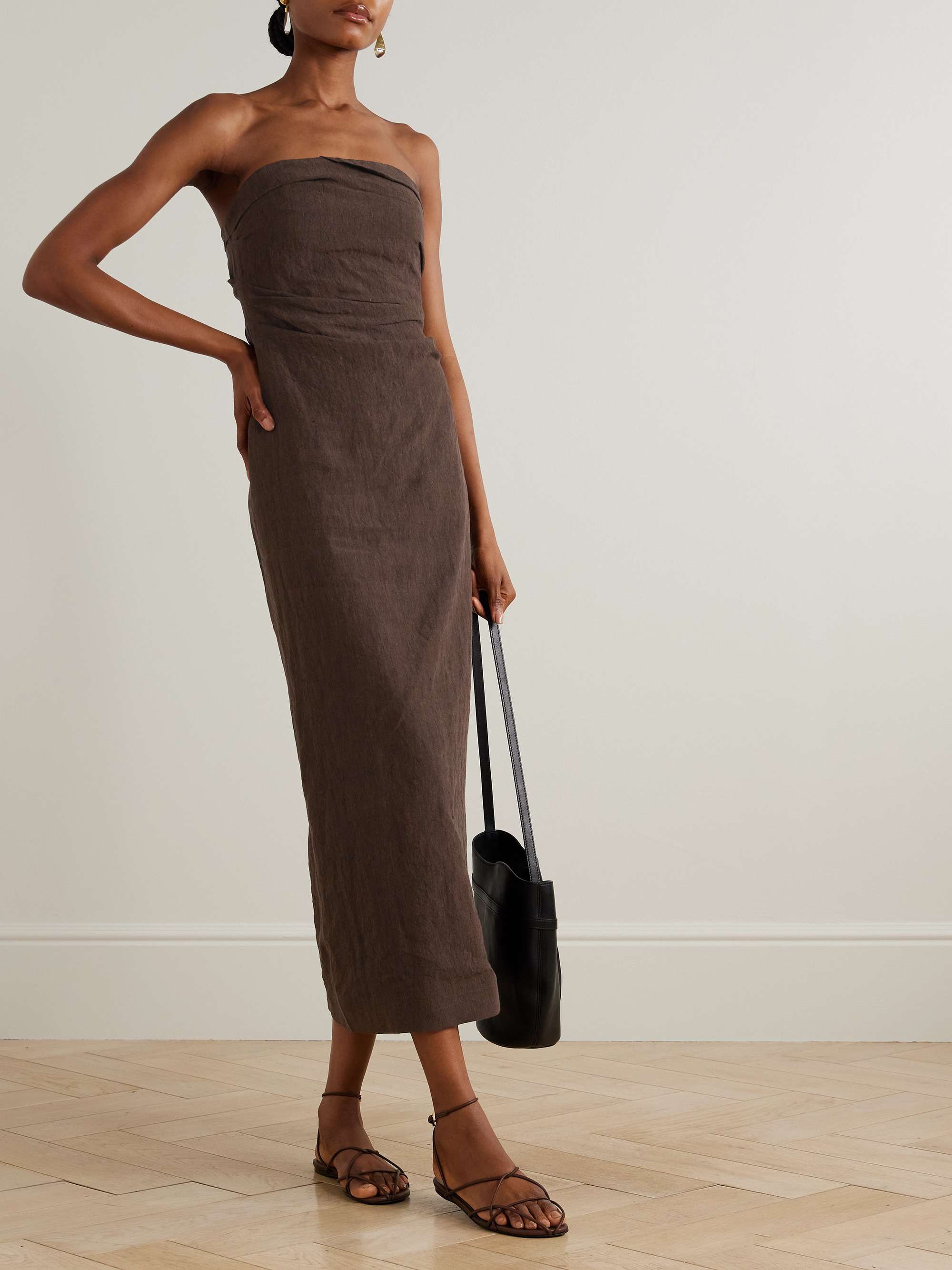 Sabella Strapless Gathered Linen Midi Dress