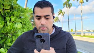 A video call being taken outside with the Jabra Elite 7 Active