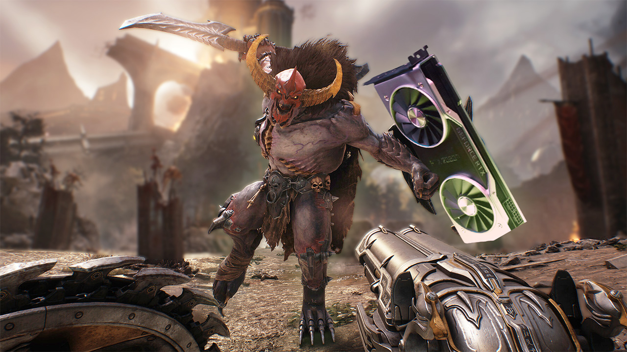 DOOM: The Dark Ages screenshot with a demon holding a GeForce RTX 2080 graphics card