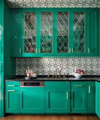 butlers pantry with green cabinets