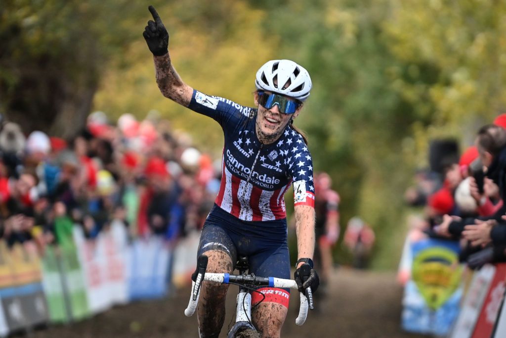 US Clara Honsinger celebrates as she crosses the finish line to win the Koppenbergcross women elite race first race of the X2O Badkamers Trofee Veldrijden trophy out of eight in Oudenaarde Monday 01 November 2021 BELGA PHOTO DAVID STOCKMAN Photo by DAVID STOCKMANBELGA MAGAFP via Getty Images