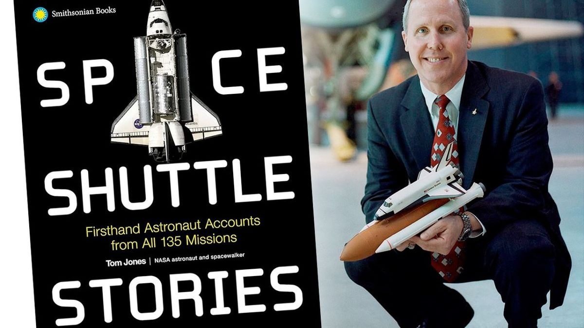 two-panel photo collage, showing, at left, the cover of a book titled &quot;space shuttle stories&quot; and, at right, a crouching man in a suit holds a model of nasa&#039;s space shuttle