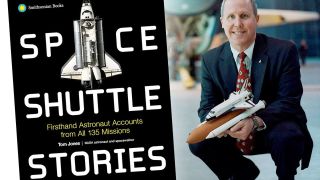 two-panel photo collage, showing, at left, the cover of a book titled "space shuttle stories" and, at right, a crouching man in a suit holds a model of nasa's space shuttle