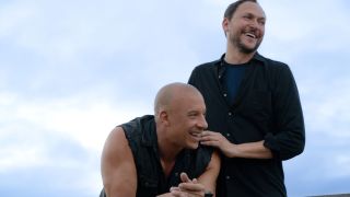 Vin Diesel and Louis Leterrier laughing together on set for Fast X.