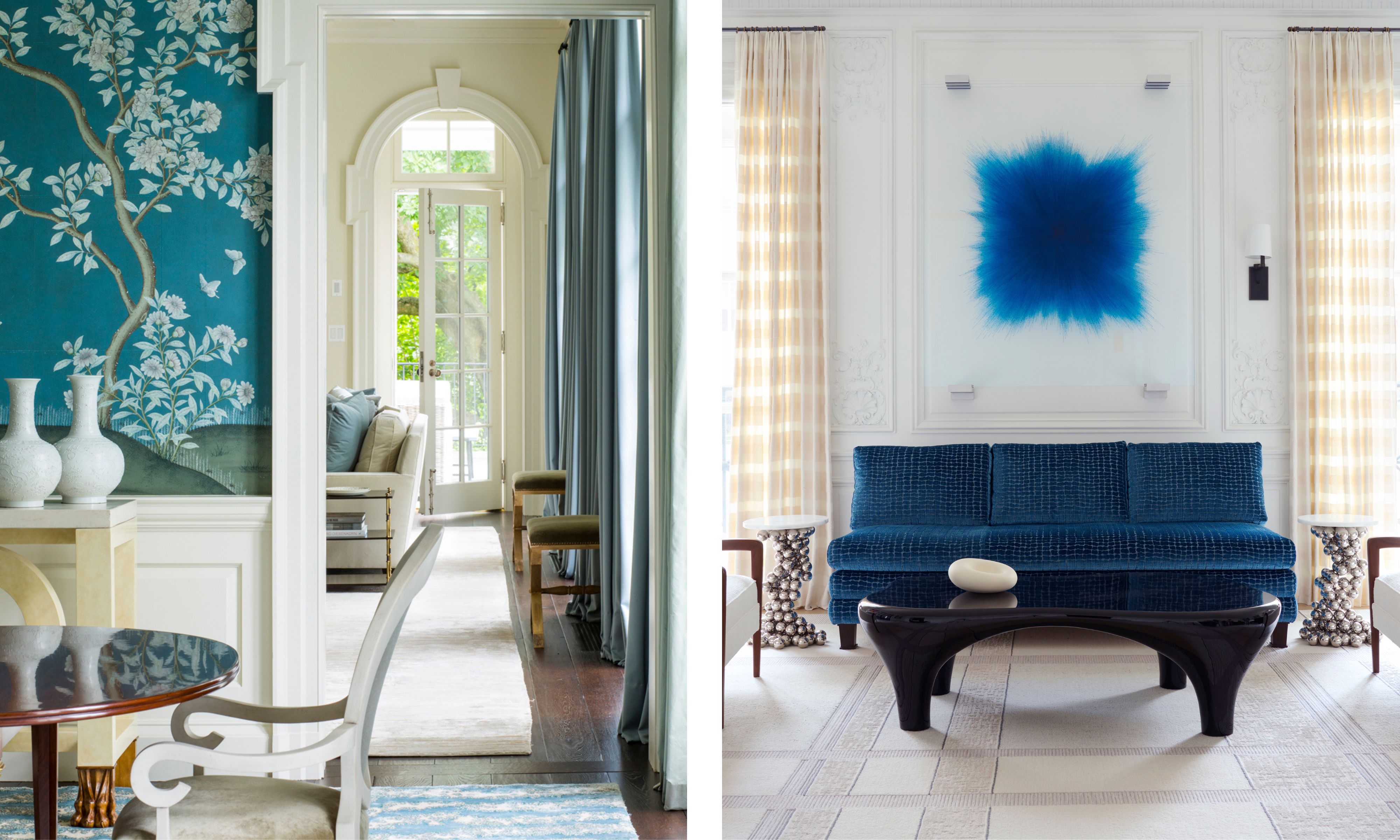 two shots next to each other. On the left, a dining room with botanical patterned wallpaper. On the right, a white living room with blue sofa