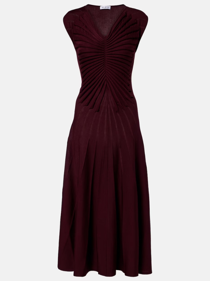 Virgin Wool Midi Dress in Burgundy - Alaia