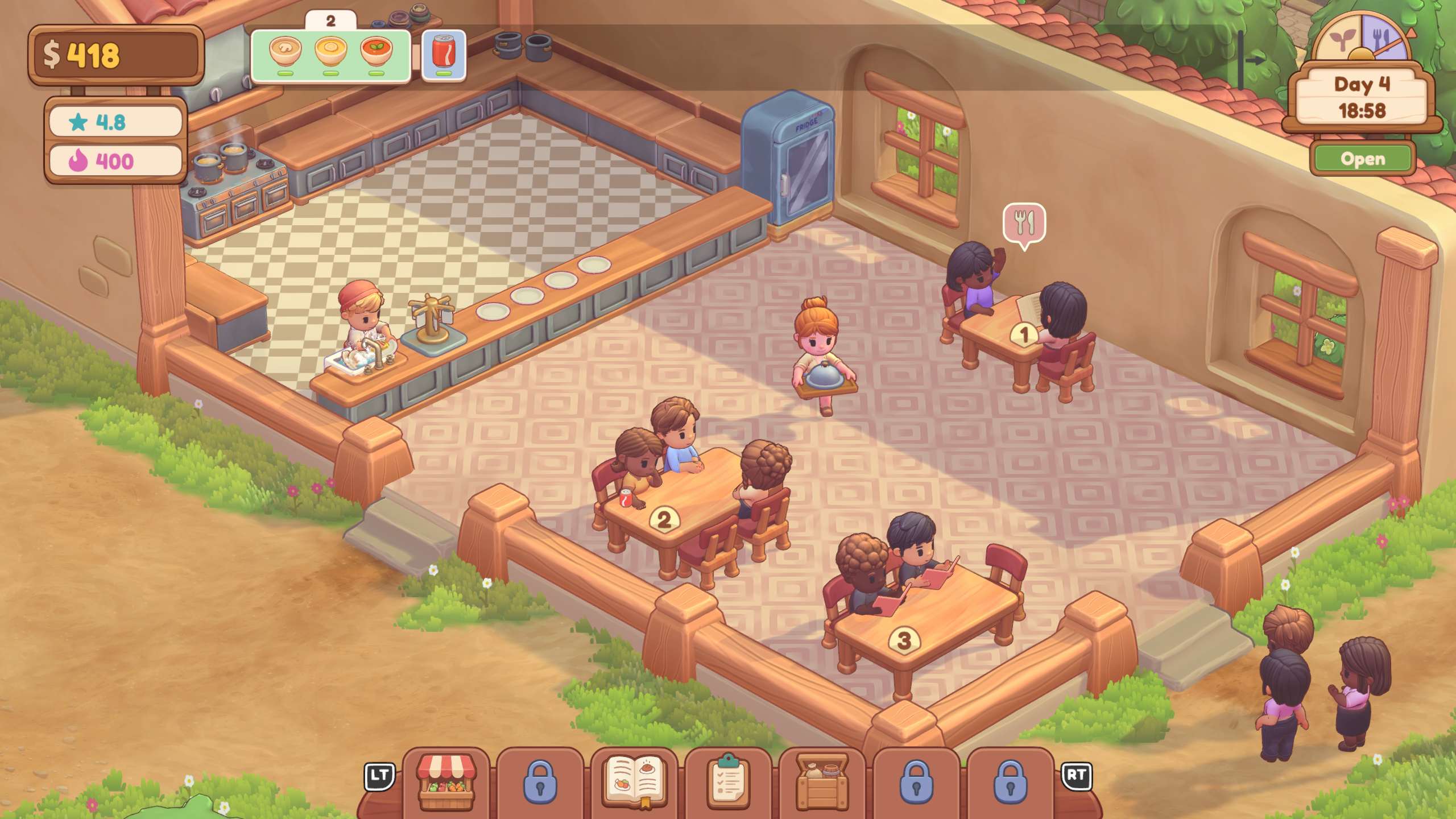 Farm &amp;amp; Feast - a server runs to a table with an order while another table waits to be served.