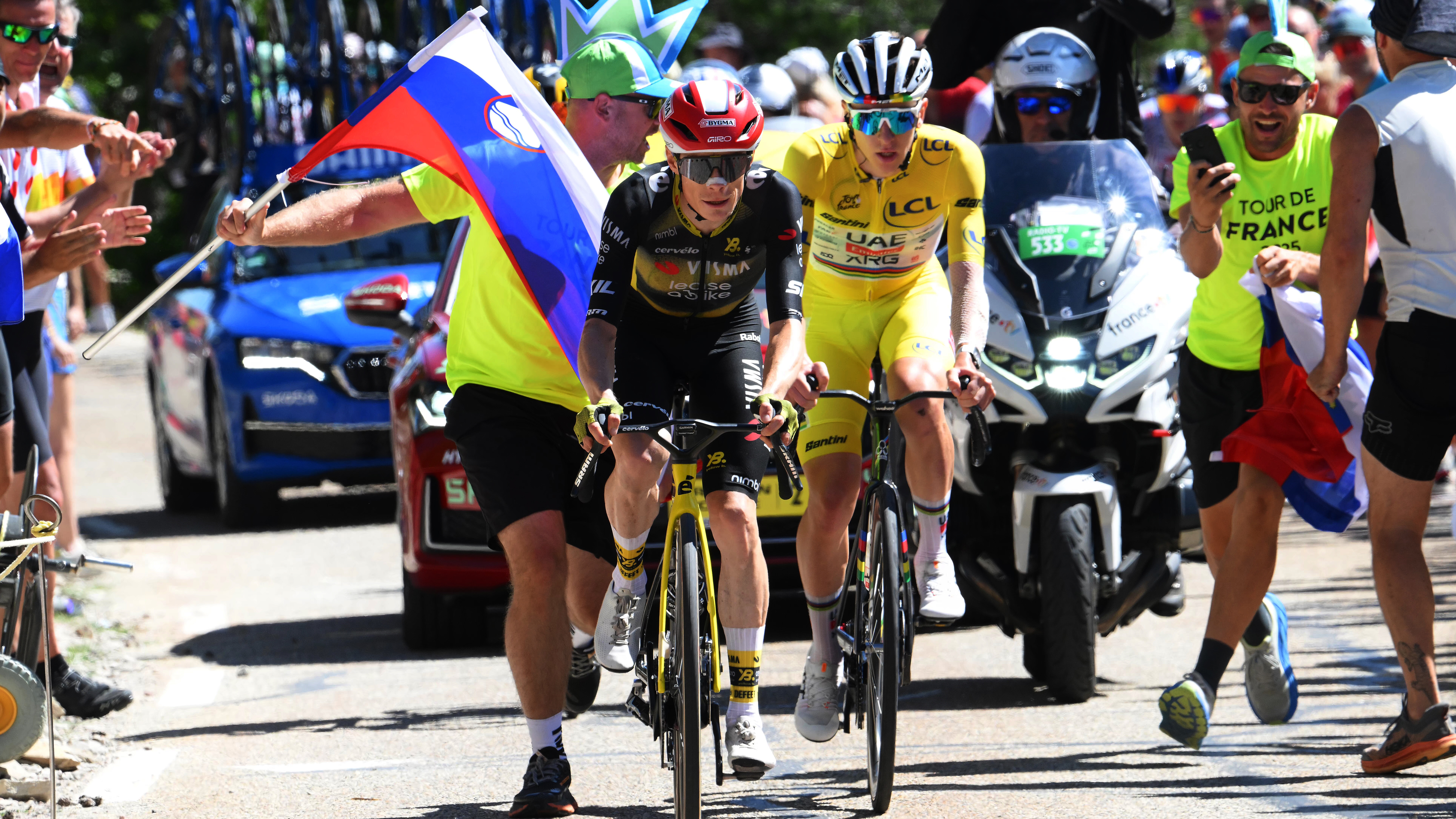 Jonas Vingegaard and Tadej Pogacar racing on Stage 16 of the Tour de France 2025