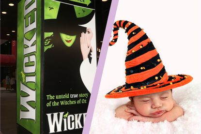Wicked musical poster split with baby wearing witches hat