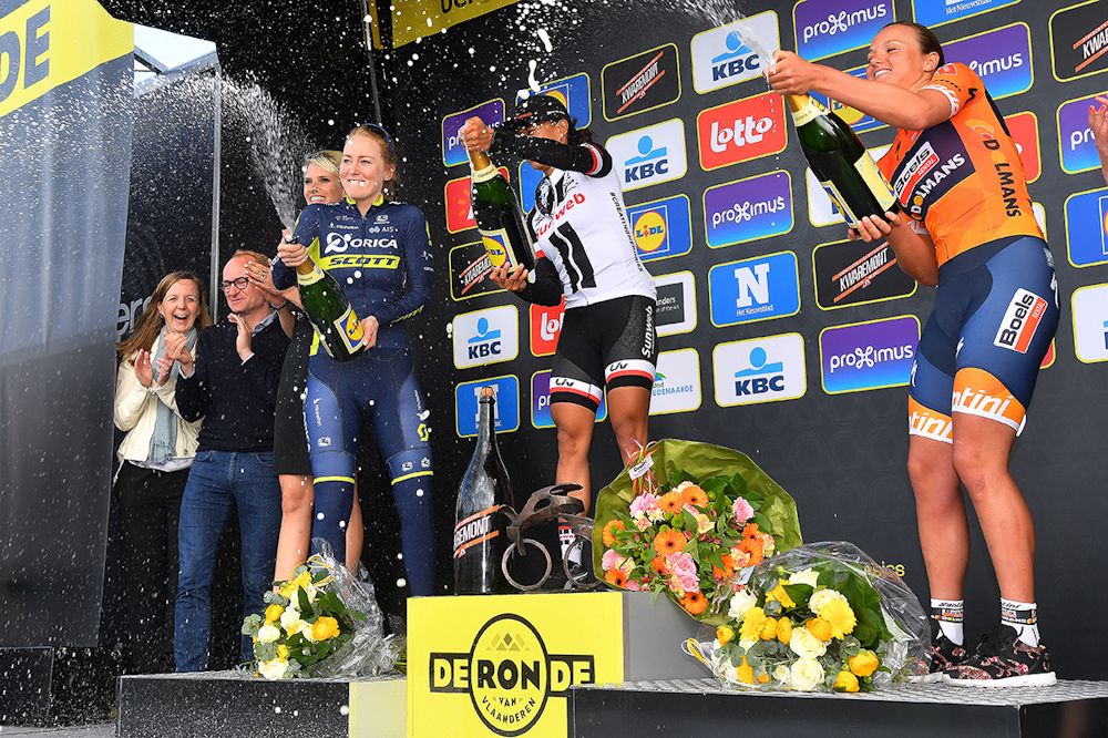 Gracie Elvin, Coryn Rivera and Chantal Blaak on the Tour of Flanders podium