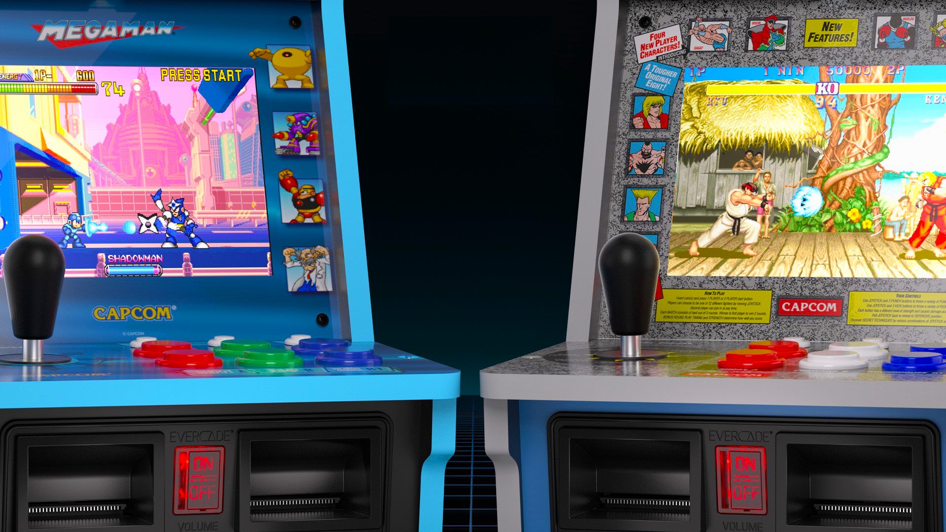 Close up of Evercade Alpha Street Fighter and Mega Man arcade machines with gameplay on screen