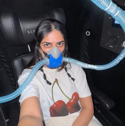 Iman Balagam in a hyperbaric oxygen therapy chamber